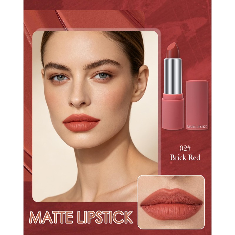 Matte Lipstick for Women, Brick Red Lipstick Long Lasting Beauty