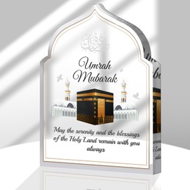 DPKOW Umrah Mubarak Gift, Umrah Acrylic Plaque Decoration Umrah Mubarak Kaaba Gift, Muslim Islamic Gifts, Hajj Home Decoration Ramadan Eid Gifts for Family, with Drawstring Bags