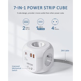 LENCENT LENCENT PD20W Schnellladung 4 Fach Steckdosenleiste Steckdosenw??rfel 7 in 1 Mehrfachsteckdosen Cube Steckdose Steckerleiste mit 2 USB-A & 1 USB-C, USB Mehrfachstecker mit 2 Meter Geflochtenem Kabel