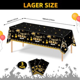 Tixiquns 3 Pack Graduation Tablecloth Decorations,54x128inch Black Gold Congrats Grad Disposable Plastic Waterproof Square Table Cloth Cover Decor for Class of 2024 College High School Party Supplies