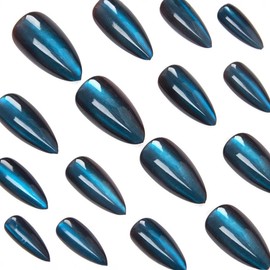 Dark Blue Press on Nails Medium Almond Fake Nails Glossy Glitter False Nails with Designs Gradient Acrylic Artificial Nails Full Cover Reusable Stick on Nails for Women Girls 24Pcs