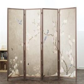 Furnnylane 4 Panel Room Divider, 5.6 ft Tall Double-Sided Blackout Folding Privacy Screen – Freestanding Wall Partition with Plums and Birds Scenery for Home Office, Easy Setup (67" H x 63" W)