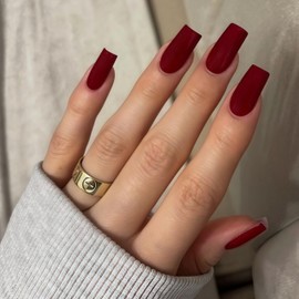 Matte Red Press on Nails Long Square, KXAMELIE Medium Coffin Nails Press ons Long Glue on Nails Natural Thick Fake Long Nails Acrylic Nails Reusable 24 Fake Nails Solid Color False Nails for Women