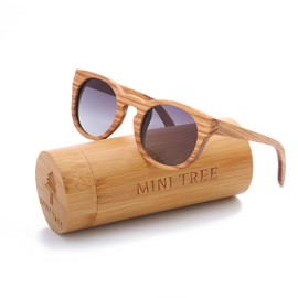 Mini Tree Sunglasses Wooden Men's Polarised Mirrored Handmade Cat.3 Floating Retro Round Sun Glasses for Women UV400 Protection, wooden frame black lens