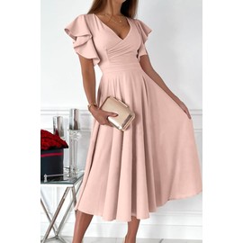 PRETTYGARDEN Women's 2024 Summer Midi Dress Ruffle Cap Sleeve V Neck Swing A Line Cocktail Party Dresses (Aprioct,Medium) Apricot