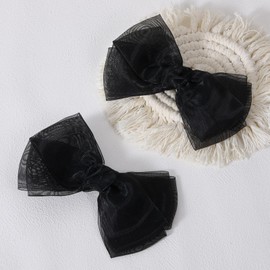6-Inch Black Organza Double Hair Bows with Alligator Clips Elegant Mesh Ribbon Hair Accessories for Girls Kids Teens Daily Wear Wedding Party School Gift Set of 2