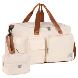 FIORETTO Womens Mens Sports Gym Bag Duffle Bag with Shoes Compartment, Weekend Travel Bag Overnight Bag for Women, Foldable Water Resistant Holdall Hospital Bag for Swimming with Toiletry Bag Brown