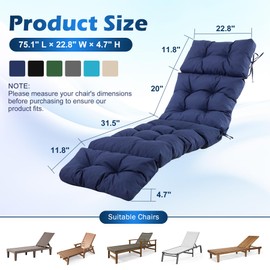 Chaise Lounge Cushions Outdoor, Waterproof & Fade Resistant Patio Lounge Chair Cushions for Outdoor Furniture, Chaise Cushion with Ties for Patio, Pool, Lawn and Beach, 75.1x22.8x4.7 Inch, Navy Blue