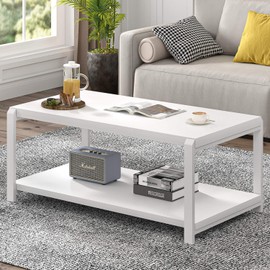 EXCEFUR White Coffee Table with Storage, Modern Center Table for Living Room, Rustic Wood and Metal Cocktail Tables, White Oak