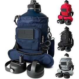 LUNCHALOT 1 Gallon Water Bottle - 128 Oz Insulated Stainless Steel Metal Water Bottle with Holder - Carrying Bag - Spout Handle - Straw Lids - Keep Cold & Hot - Blue Tactical Flask