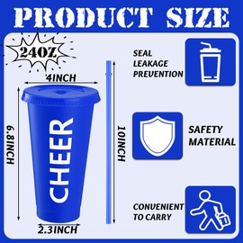Layhit Cheer Teams Gifts Cups Bulk 24 oz Reusable Cheer Plastic Tumbler with Straw and Lid Water Bottles for Team(Blue,12 Sets)