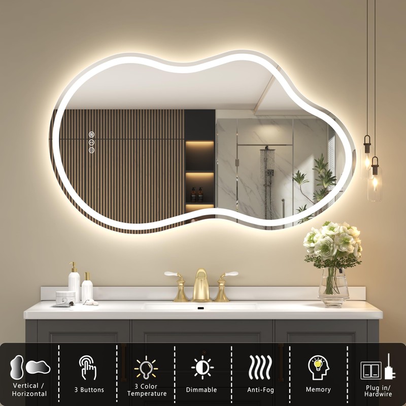 SMIROR Irregular Led Bathroom Mirror 20x 32 inch, Cloud Lighted