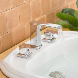 BWE Waterfall Widespread Bathroom Faucet Chrome 3 Holes with Pop Up Drain Stopper with Overflow and Supply Line 2-Handle Bath Lavatory Vanity Sink Mixer Tap Square
