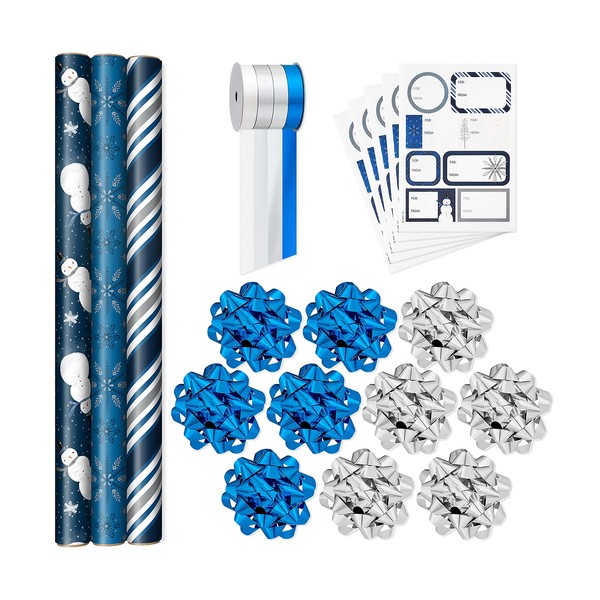 Hallmark Navy Blue Christmas Wrapping Paper Set (90 sq. ft. ttl, 10 Bows, 4 Ribbon Colors, 40 Gift Tag Stickers) Snowman, Stripes, Snowflakes, (0005JXW1198)
