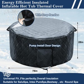 Insulated Inflatable Hot Tub Cover Round Full Coverage Hot Tub Thermal Cover Cap Dustproof Outdoor Energy Saving Spa Covers with Zipper Door Adjustable Strap Handle for Keeping Warm (Black, 78"Dx28"H)