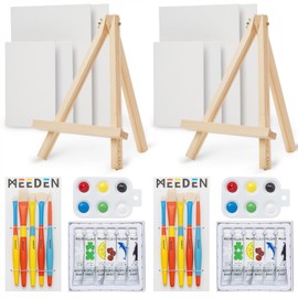 MEEDEN Acrylic Painting Brushes Set: 34 Piece Painting Kit with 2 Pcs Wood Easel, 2 Pcs 6 Colors 12ml Acrylic, 10 Brushes, 8 Canvas - Paint and Sip Kit for Adults Kids Students Artists Beginner