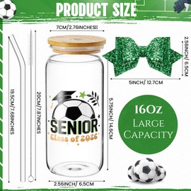 Hushee Class of 2026 Senior Night Gifts 16 oz Glass Water Bottle with Lids Straws Glitter Bow Straw Topper Senior 2026 Tumbler Graduation Gift for Her Women Team Coach Player (Soccer)