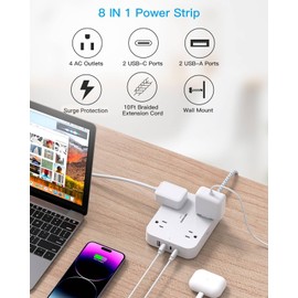 Surge Protector Power Strip 10 Ft Cord, Extension Cord with 4 USB Ports(2 USB C), Desk Power Strip with Long Cord, Flat Plug, Wall Mount for Office Home College Dorm Room Essentials