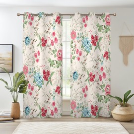 Renaiss Boho Flower Blackout Curtains Wild Blue Pink Floral Thermal Insulated Window Drapes for Bedroom 42W x 84L inches 2 Panel Set Beige Window Curtain Panels for Living Room