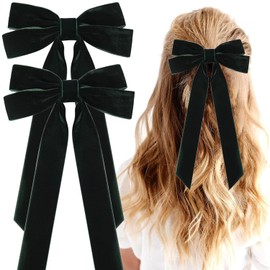 2PCS Velvet Hair Bows Ribbon Hair Clips, Ponytail Holder Slides Metal Clips French Barrette Big Fall Alligator Hair Clips Hair Accessories for Women Girls Toddler (Green-A)