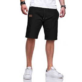 Ougelebo Men's Cotton Elasticated Waist Shorts with Drawstring, black