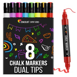 Zenacolor Liquid Chalk Markers Dual Tips - 8 Vibrant Colors, Non-Toxic Chalkboard Markers Quick-Drying, Erasable Chalk Markers for Blackboard, Windows, Glass, Cars - 24 Labels Included