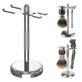Linkaidea Razor and Brush Stand Holder, Deluxe Men's Stainless Steel Shaving Brush Hanger Base Shaver Kit Organizer for Bathroom Shower (Silver)