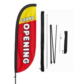 CustomForMe Feather Flag Kit - 12 Feet Tall Advertising Flag Banner with Pole Kit and Ground Spike for Business Promotion - Grand Opening Flags (Grand Opening Red)