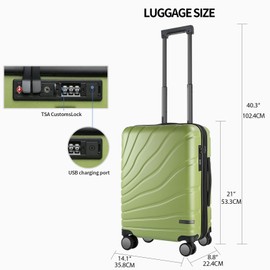 VANKEAN Carry On Luggage with Spinner Wheels & TSA Lock, Expandable Fashionable Hard Shell Suitcase airline approved，20 Inch Carry-On，Green