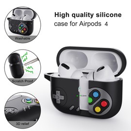 JIEYOUTA Funda Protector para AirPods 4. Diseño de Consola de Videojuegos, Se regala el Kit de Limpieza Kit de Limpieza, Soporta Carga Inalámbrica (Negro)