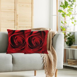 Swono Rose Pack of 2 Decorative Throw Pillow Covers Cushion Covers, Blossom Rose Water Drops Couch Pillow Case Boho Cushion Pillowcase for Bedroom Sofa Living Room 18X18 Inches, Red Rose Petals