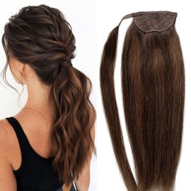Clip in Ponytail Hair Extensions Real Human Hair 16 Inch 80G Dark Brown Mix Chestnut Brown Highlight Ponytail Human Hair Extensions Clip in Straight Balayage Brown Ponytail Hair Pieces Wrap Around
