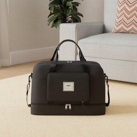 FIORETTO Womens Foldable Weekend Bag Overnight Hospital Bag with Shoes Compartment & Wet Pocket, Water Resistant Gym Bag Duffle Bag Travel Bag Holdall for Women Men Black