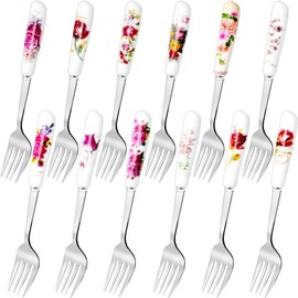 Loppdece 12Pcs Dinner Forks, Stainless Steel Floral Design Flatware with Ceramic Handle, Dessert & Table Forks for Home & Restaurant (12 Floral Patterns)
