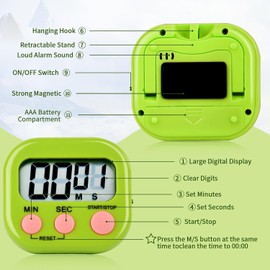 6 Pack Timer for Kids, Kitchen Timers, Magnetic Digital Timers, Big LCD Display The Loud Switch Countdown Timer Extensively Use in Homework, Cooking,Gym, Meeting, Classroom Timer for Teacher (Green)