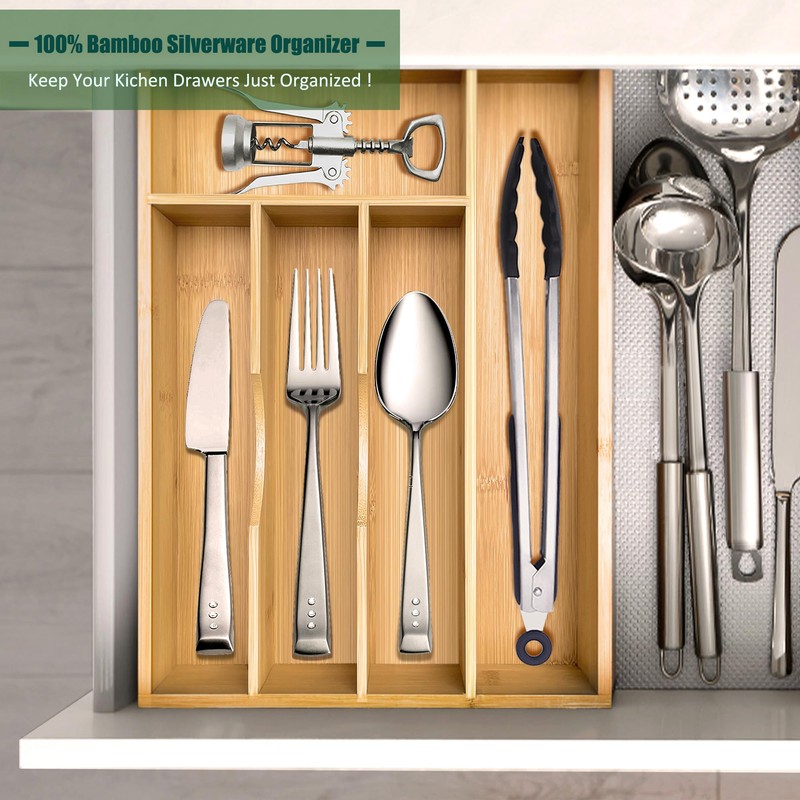 guiogc Bamboo Silverware Drawer Organizer, Silverware Organizer, Silverware Utensil Tray