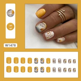 24 Pcs Fall Press on Nails Extrs Short Square False Nails with Yellow Leaves Designs Glossy Fake Nails Full Cover Autumn Acrylic Nail Stick on Nails for Women Nails Supplies Thanksgiving Decoration