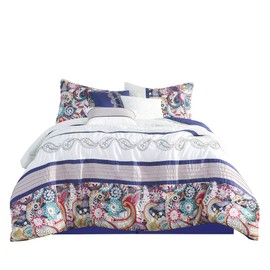 7 Piece Paisley Design Print Comforter Set Multicolor Purple White Size Bed in a Bag Chic Bedding Set- Gina (Queen)