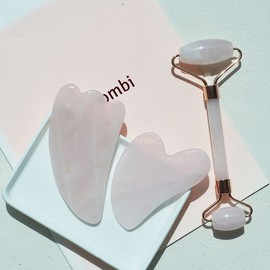 Natural Rose Quartz Gua Sha Face Roller Facial Trapezius - Face Roller / 천연 로즈 쿼츠 괄사 페이스 롤러 얼굴 승모근 - 페이스롤러