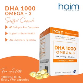 HAIM DHA 1000 Omega-3 Fish Oil - 90% Purity with 1000mg DHA, 50mg DPA - High Potency Fish Oil Supplement for Brain, Eye & Heart Support - Promotes Overall Wellness & Focus - 1 Box, 60 Softgels