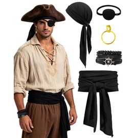 Verceco Men Pirate Costume Accessories Set for Women Bandana Headband Head Scarf Sash Belt Pirate Jewelry 5pcs (Black)
