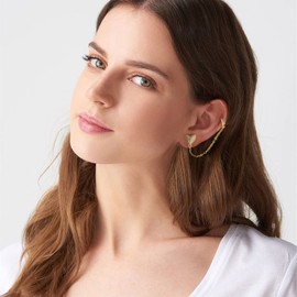 Earrings for Women, Cubic Zirconia Drop Earrings with 18 Carat Real Gold Plated, Heart Chain Cuff, Hypoallergenic Earrings, Trendy Jewellery for Girls and Women, Brass, No Gemstone