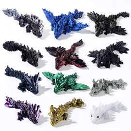 Juego de 12 dragones impresos en 3D: dragones de cristal articulados de la serie Black, juguetes antiestrés y decoración de escritorio geniales, animales únicos impresos en 3D, un regalo vi