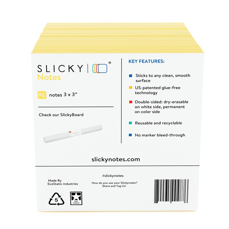 SlickyNotes Glue Free Static Cling Sticky Notes - Reusable Double-Sided