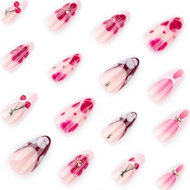 White French Press on Nails Medium Almond Pink Gradient False Nails Acrylic Fake Nails Press Ons with Cherry Flower Rhinestones Design Gel Glue on Nails Cute Stick on Nails for Women 24Pcs
