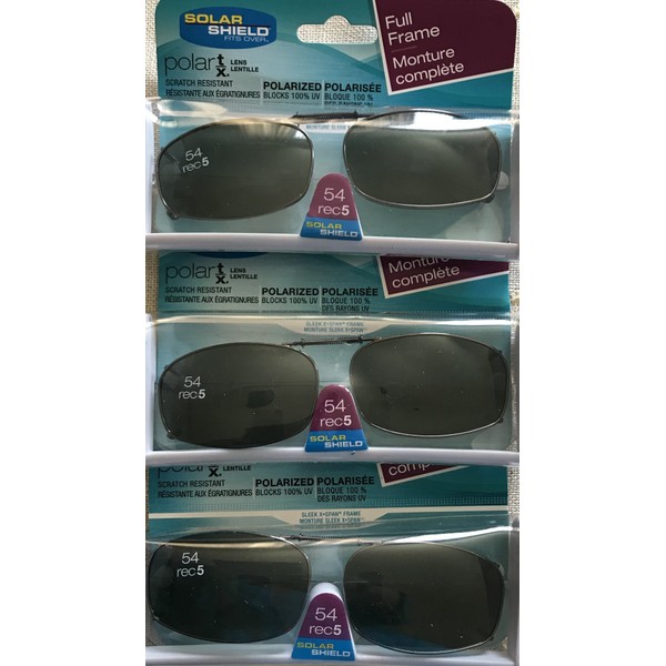 3 Solar Shield Clip-on Polarized Sunglasses Size 54 rec 5 Black Full Frame New