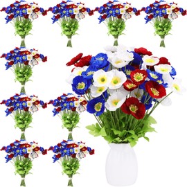 Hoteam 24 Pcs 4th of July Artificial Flowers Patriotic Red Blue White Poppy Flowers Fake Poppy Floral Arrangement for Independence Day Party Decor Home Veterans Memorial Day Indoor Table Centerpiece