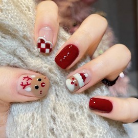 24pcs Christmas False Nails Short,Christmas Red Fake Nails, Christmas Press on Nails with Glue,Elk&Snowman Element Long Lasting Festival Full Cover Stick on Nails for Women&Girls Manicure Decorations