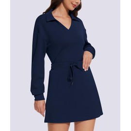 Casly Lamiit Two Piece Outfits Fall Fashion V Neck Sweatshirt Skorts Tracksuit Athleisure Workout Gym Clothes Built-in Pockets Navy Blue Petite XS