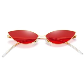 MEETSUN Retro Vintage Small Cat Eye Sunglasses For Women Men Narrow Small Oval Glasses Petals Shape Curved Temple Design - Gold/Red